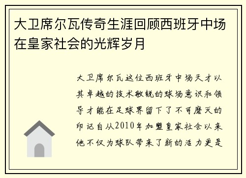 大卫席尔瓦传奇生涯回顾西班牙中场在皇家社会的光辉岁月